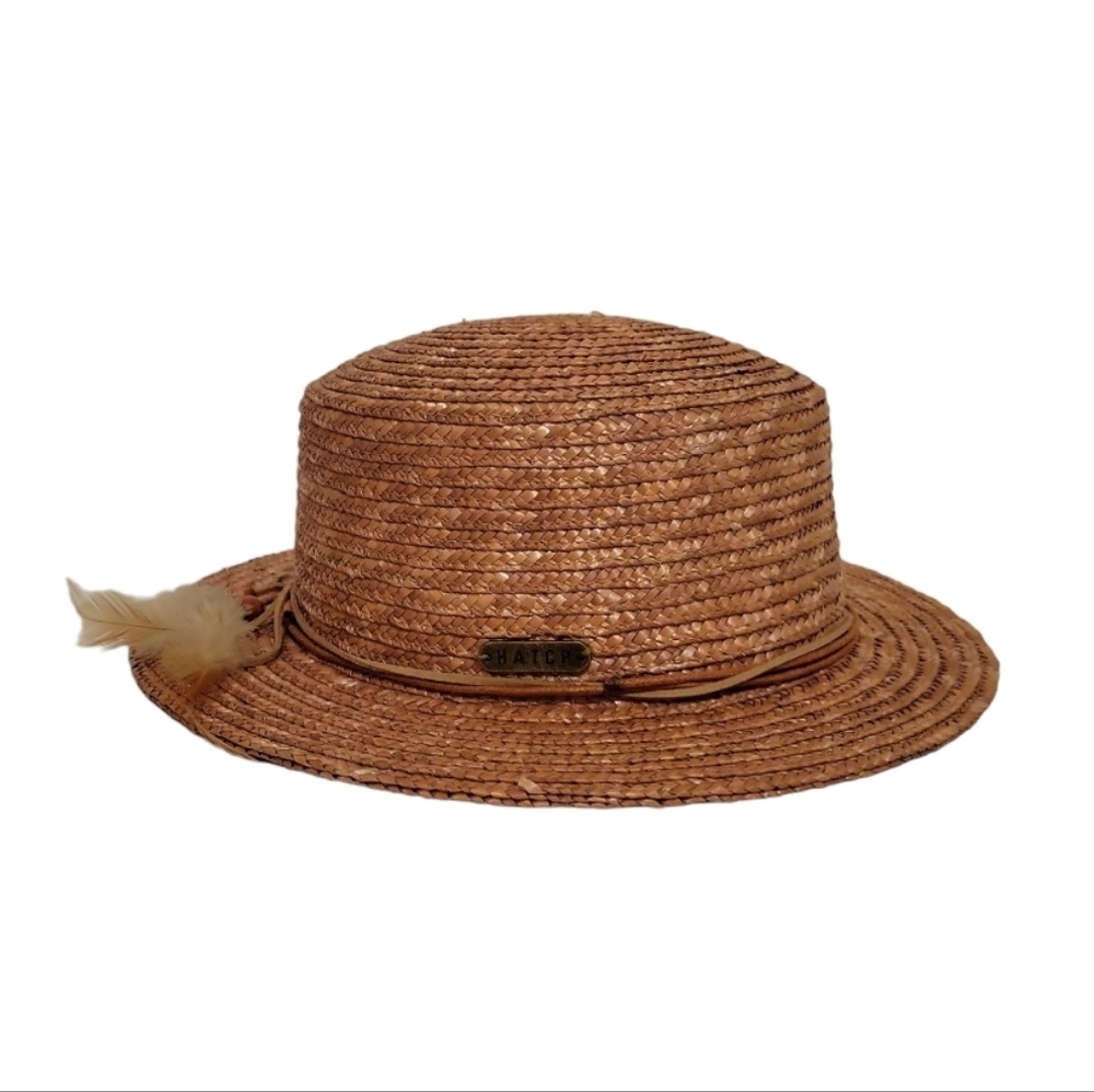 Hatch Natural Straw Hat Feather Trim Dark Tan One Size